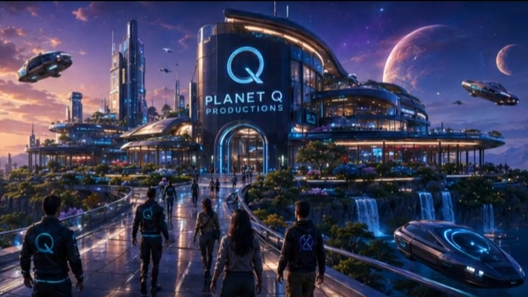 Planet Q Productions — futuristic city skyline with Q-ringed planet